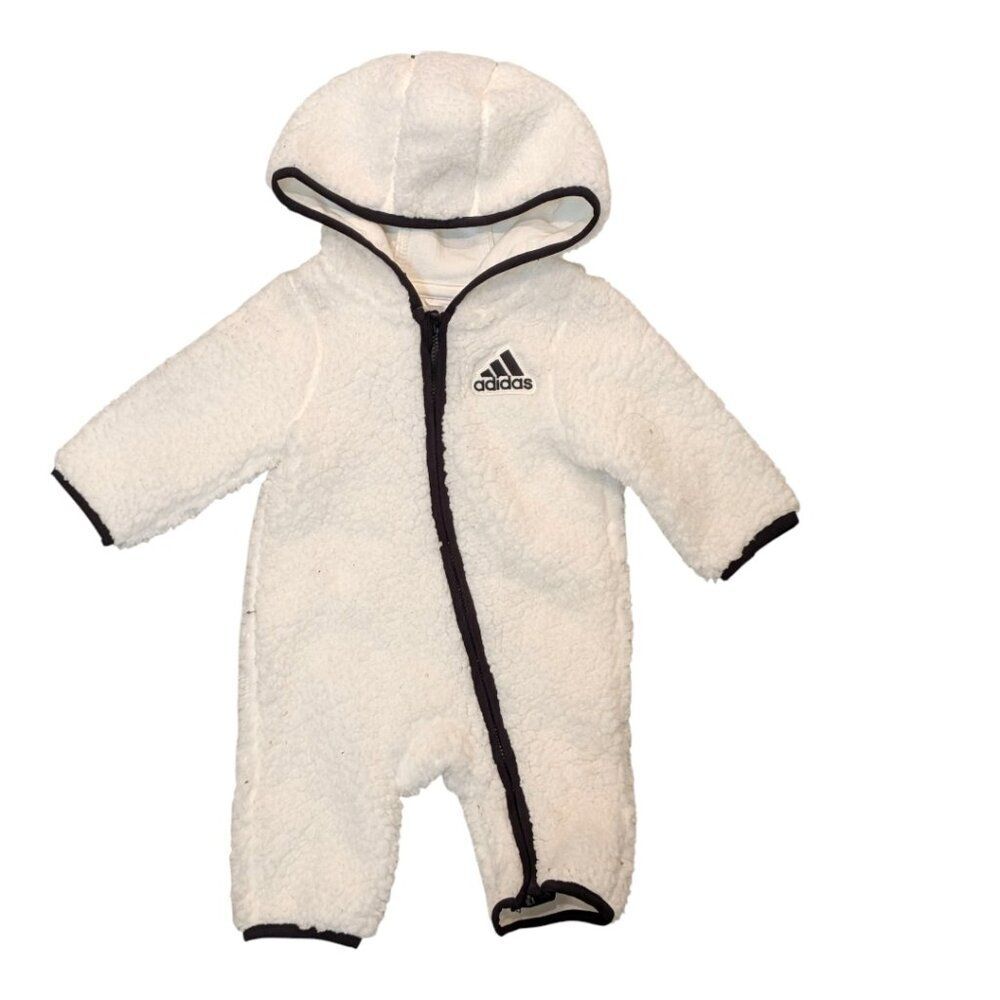Adidas Baby Sherpa Fleece Hooded Coverall Romper White One Piece 3M Winter Cozy